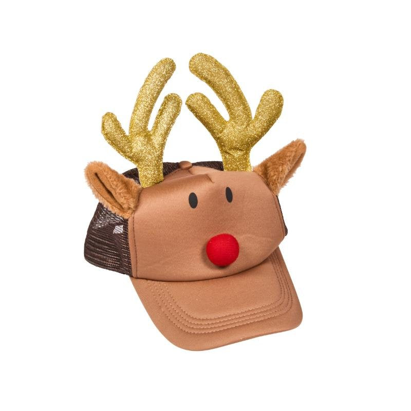 Adjustable Rudy Cap Christmas hat with brown mesh back, red nose, black eyes, fuzzy ears, and glittery gold antlers.