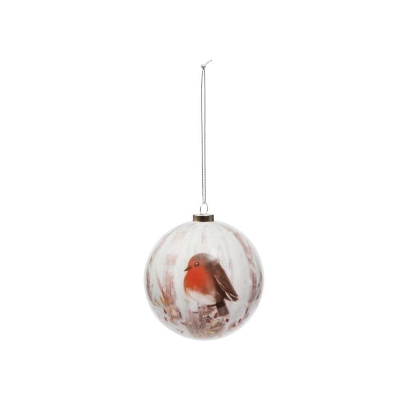 12cm vintage bauble with a painted robin on a white and brown mottled background, hanging by silver string