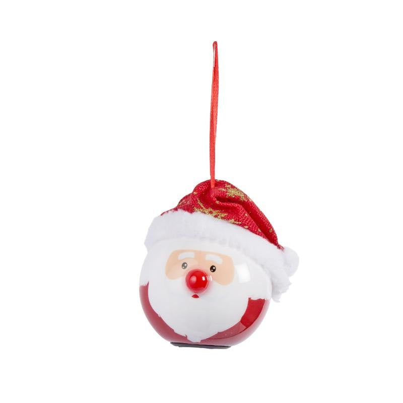 Santa's face ornament with a red light-up nose and a red and white Santa hat, hanging by a ribbon