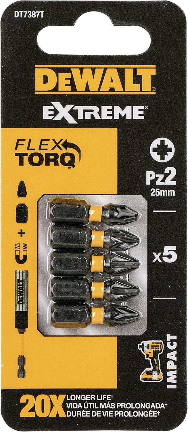 Pack of five DeWalt Extreme Impact PZ2 25mm torsion bits in black and yellow packaging