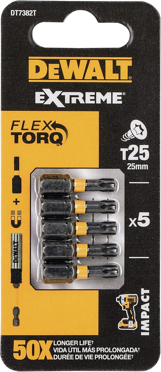 Pack of five DeWalt T25 25mm impact torsion bits with yellow bands in blister packaging