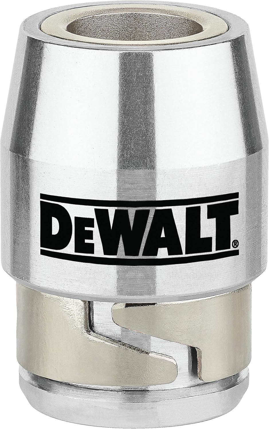 Close-up of a silver DeWalt magnetic screwlock sleeve with black logo on a white background.