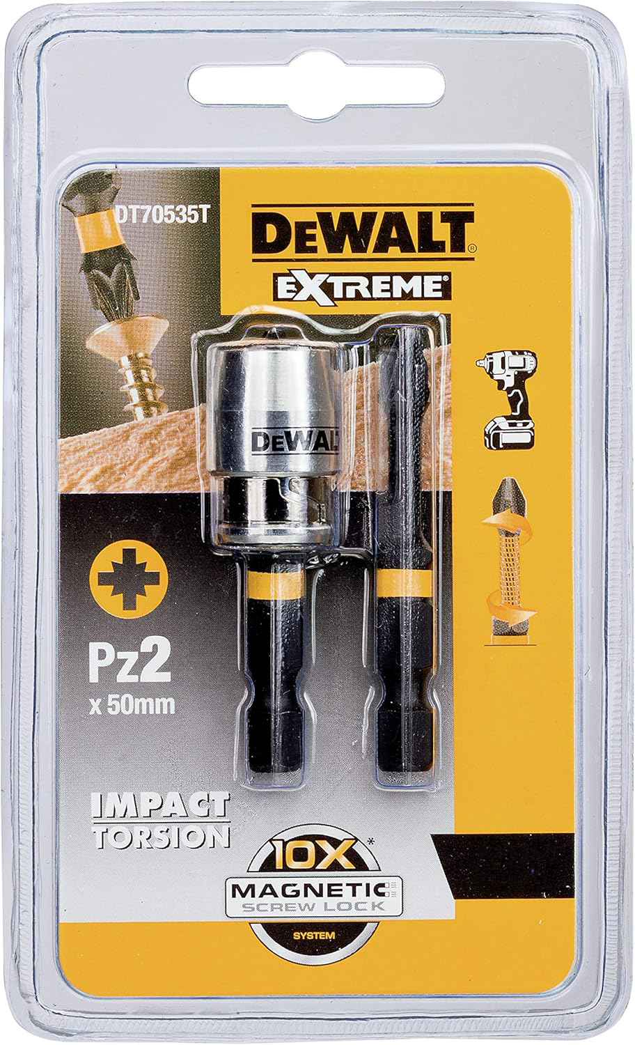 DeWalt Impact Torsion Bits PZ2 x 50mm (x2) with magnetic screw lock sleeve in blister pack