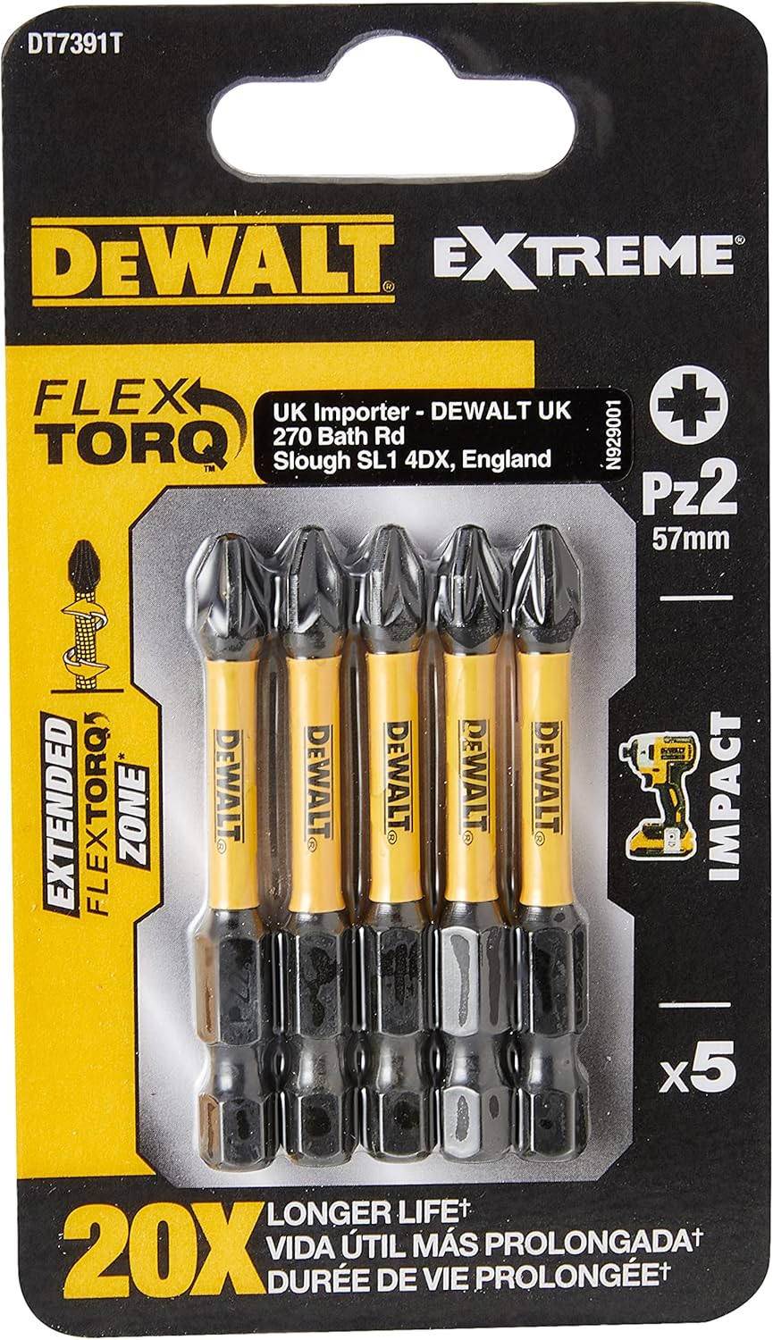 Pack of five DeWalt Extreme Impact PZ2 57mm torsion bits with yellow flex torque zone shafts.