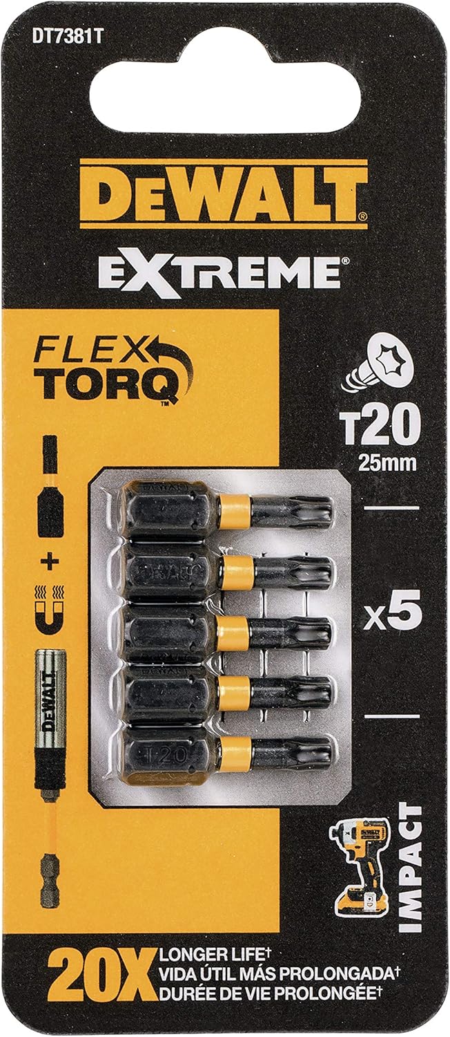 DeWalt Extreme FlexTorq T20 25mm impact torsion bits pack of 5 in black and yellow packaging