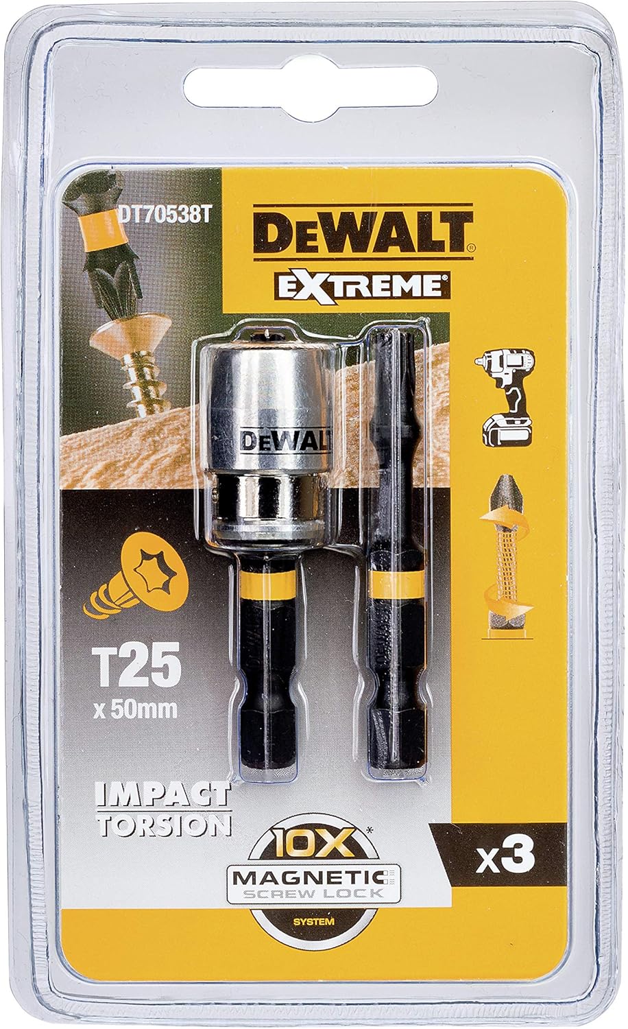 DeWalt Extreme T25 x 50mm impact torsion bits with magnetic screwlock sleeve in blister pack