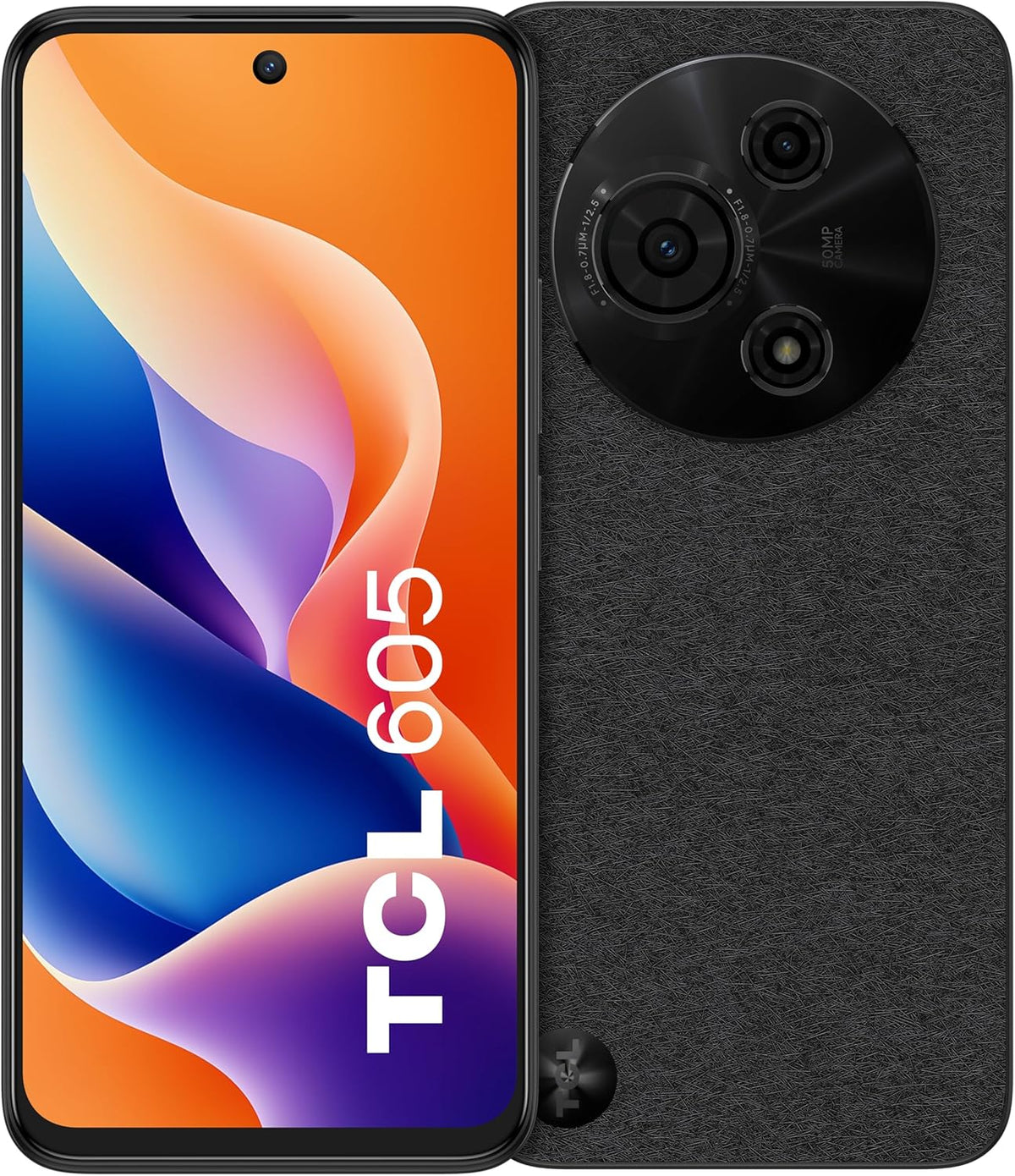TCL 605 smartphone in black showing front display and textured back with circular triple camera module.