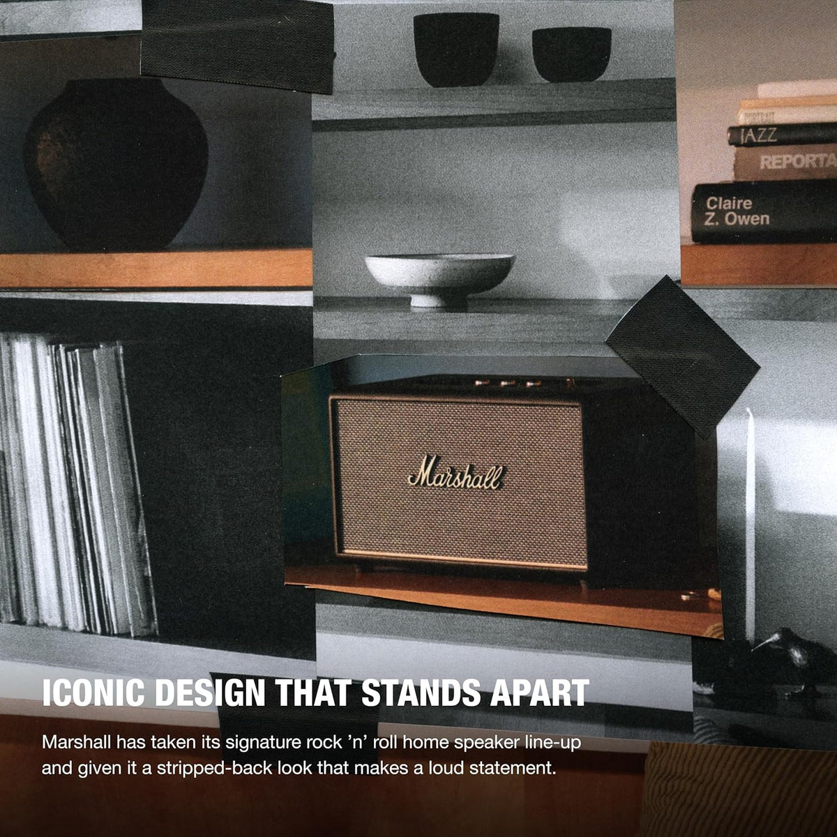 Marshall Stanmore III Bluetooth speaker in black on a wooden shelf with books and decor around it