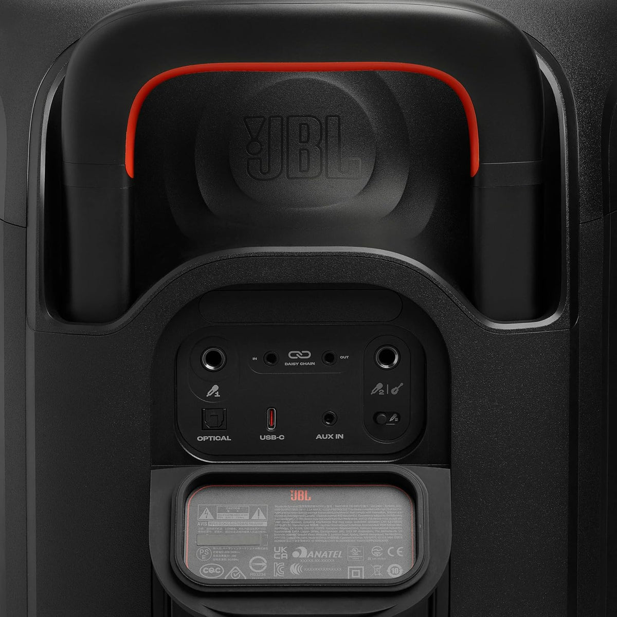 Close-up of JBL Portable Party Speaker PB330 rear panel showing input ports and handle with red trim