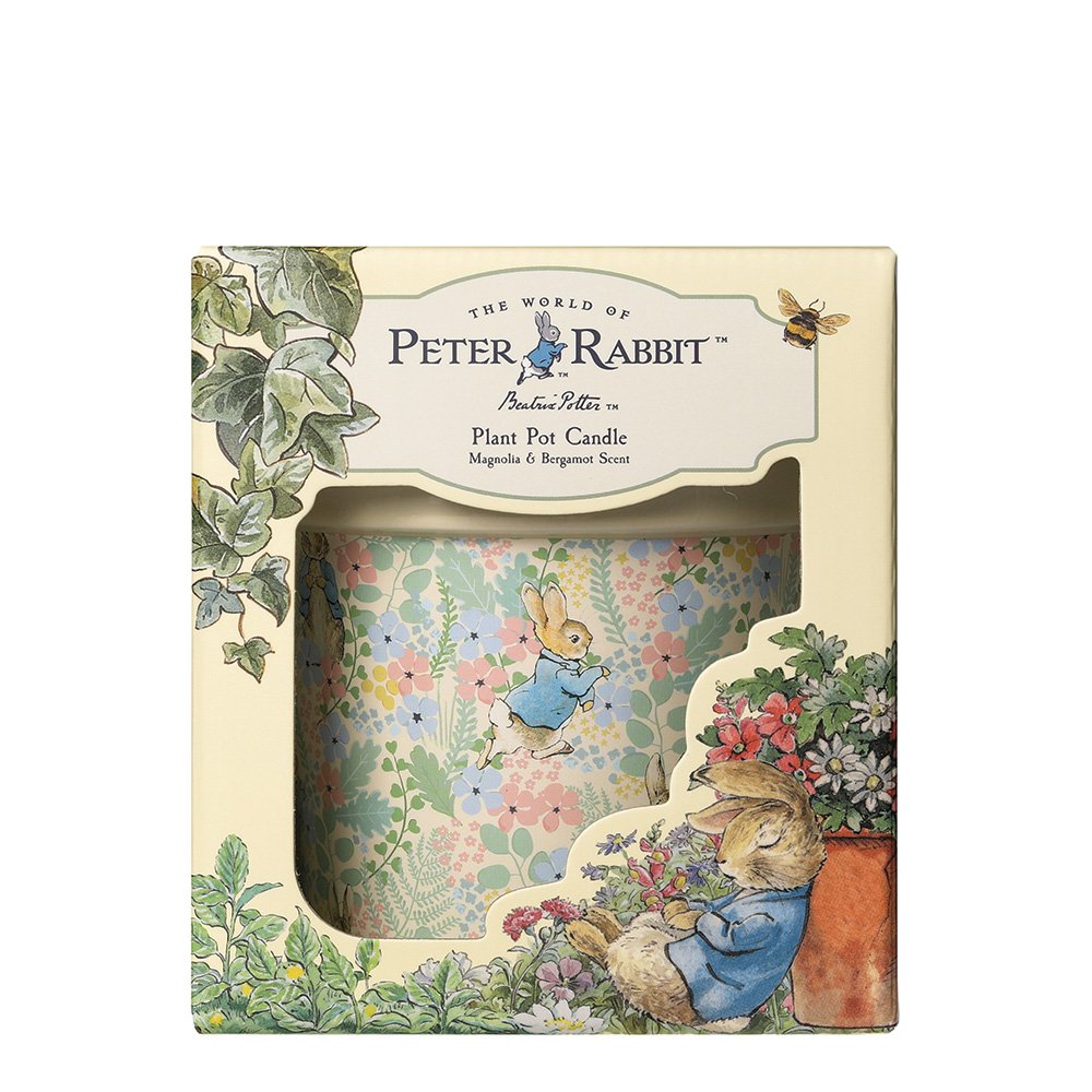 Peter Rabbit Magnolia and Bergamot candle in floral pot with Peter Rabbit illustrations in decorative box.