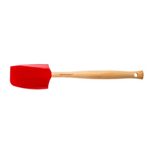 Le Creuset Medium Cerise Spatula with heat-resistant silicone head, safe for non-stick cookware – available at Keans