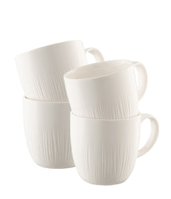Belleek Living Erne Mug Set of 4, 340ml white porcelain mugs with linear design, microwave safe, available at Kean’s
