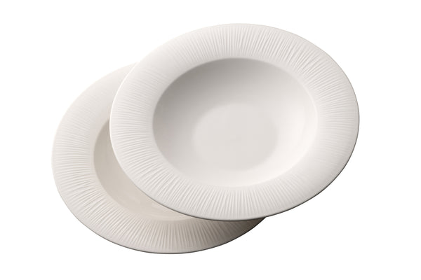 Belleek Living Erne Gourmet Dish Set of 2, elegant white porcelain with linear texture, microwave and dishwasher safe,