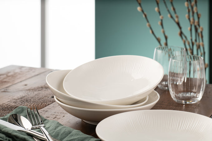 Set of 4 Belleek Living Erne white pasta bowls, elegant design, available at Keans Claremorris.
