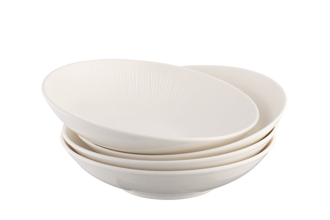 Set of 4 Belleek Living Erne porcelain pasta bowls with linear design, microwave safe, available at Kean’s Claremorris. –