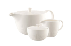 Belleek Living Erne Tea Set – elegant white porcelain teapot, creamer, sugar bowl with linear design, microwave safe, Kean’s