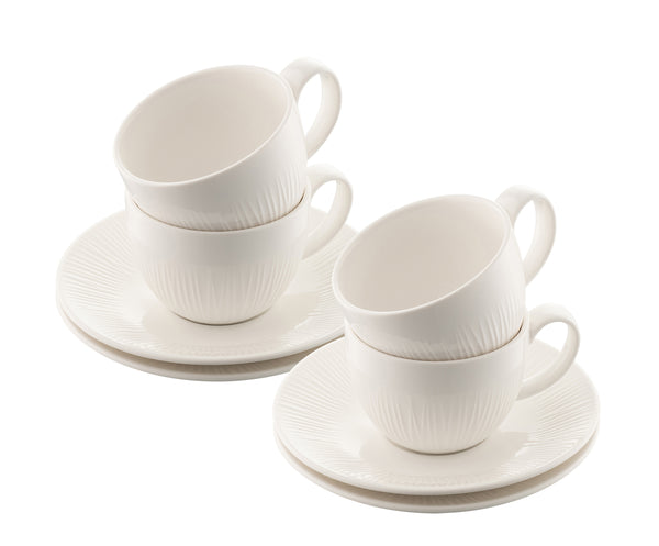 Belleek Living Erne set of 4 porcelain teacups and saucers with linear design, microwave safe, from Kean’s Claremorris. –