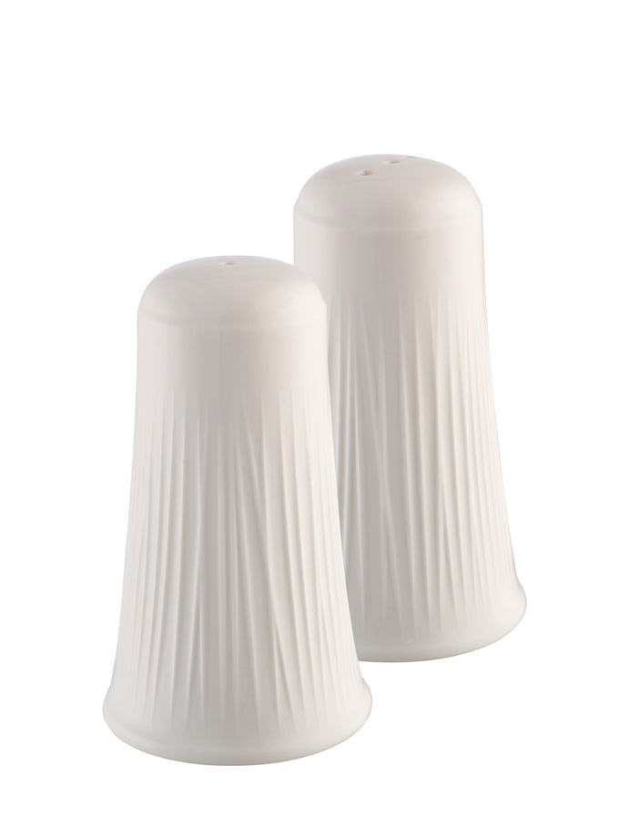 Belleek Living Erne porcelain salt and pepper shakers with linear design, elegant and durable, available at Kean’s