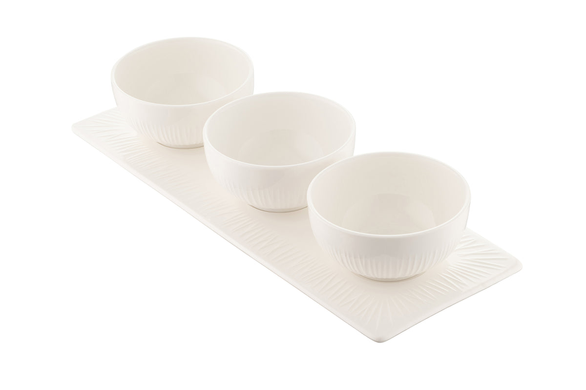 Belleek Living Erne Triple Bowl Set, elegant white porcelain with linear design, microwave safe, from Kean’s Claremorris. –