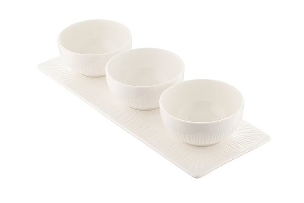 Belleek Living Erne Triple Bowl Set, elegant white porcelain with linear design, microwave safe, from Kean’s Claremorris. –