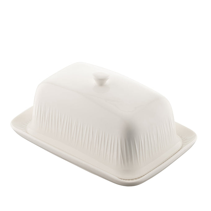 Belleek Living Erne Butter Dish in white porcelain with linear design, microwave safe, 16.3x11x7.3 cm, available at Kean’s
