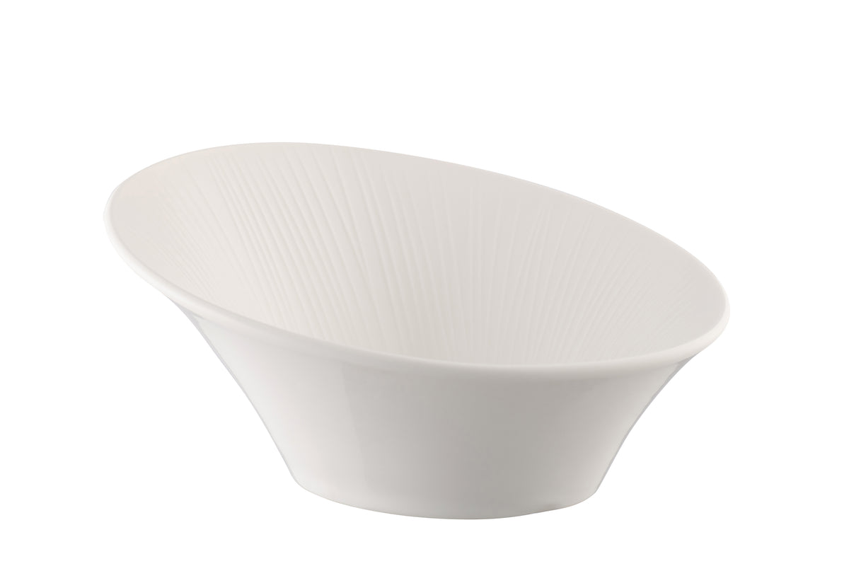 Belleek Living Erne Serving Bowl, elegant white porcelain with linear design, microwave safe, available at Kean’s