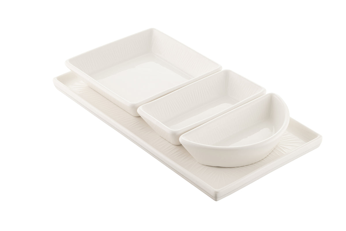 Belleek Living Erne Tapas Set – white porcelain with linear design, includes tray and dishes, microwave safe, from Kean’s