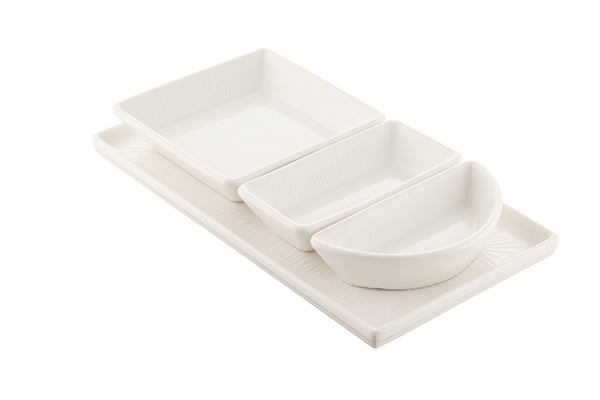 Belleek Living Erne Tapas Set – white porcelain with linear design, includes tray and dishes, microwave safe, from Kean’s