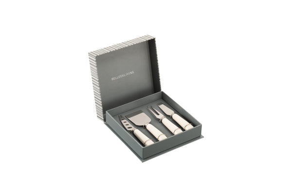 Belleek Living Erne 4-piece cheese knife set with porcelain handles, stainless steel blades, dishwasher safe, at Kean’s