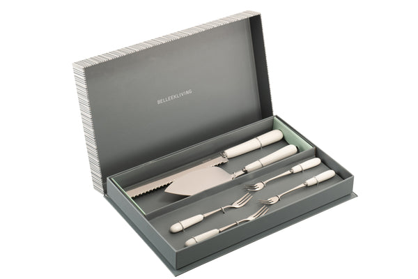 Belleek Living Erne 8-piece pastry set with porcelain handles and stainless steel, dishwasher safe, from Kean’s Claremorris.