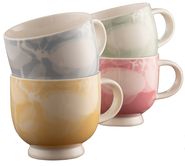 Set of 4 Belleek Living Laurel footed fine china mugs, 470ml, colorful foliage design, gift box, from Kean’s Claremorris –