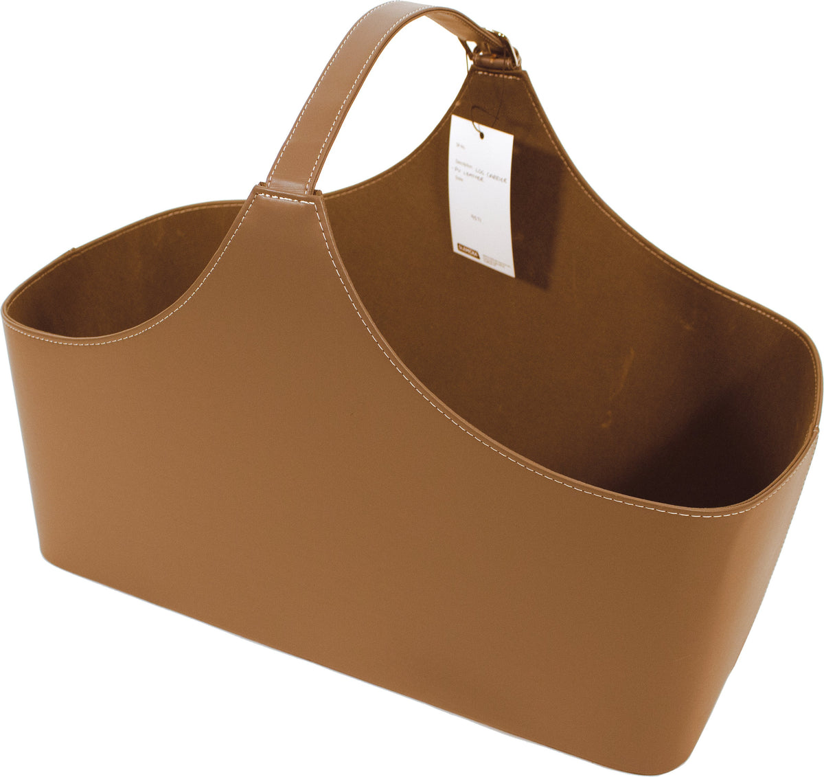 Contemporary tan PU leather log carrier with sturdy handle and wide base for logs and storage – Keans Claremorris.