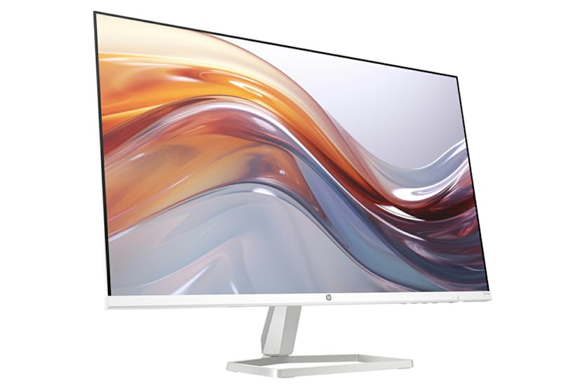 HP Series 5 27" FHD monitor with slim white bezel and modern stand, angled view showing screen and base.