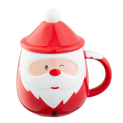 Santa lidded ceramic mug with spoon, festive Santa design, keeps drinks warm – Keans Claremorris Christmas mug