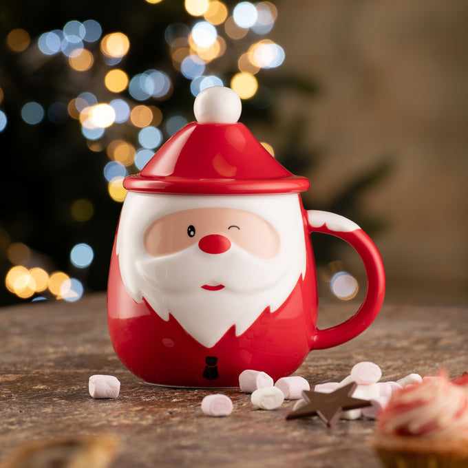 Santa lidded mug with spoon, ceramic coffee cup with lid and spoon, Keans Claremorris kitchenware accessory
