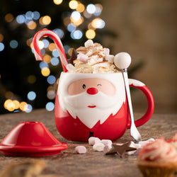 Santa lidded mug with spoon, ceramic coffee cup with lid and spoon, Keans Claremorris kitchenware.