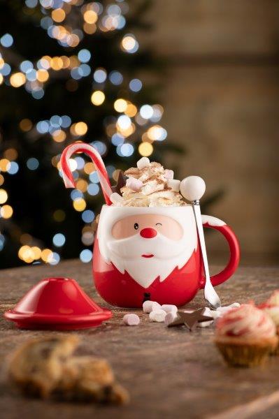 Santa lidded mug with spoon, ceramic coffee cup with lid, Keans Claremorris kitchenware accessory