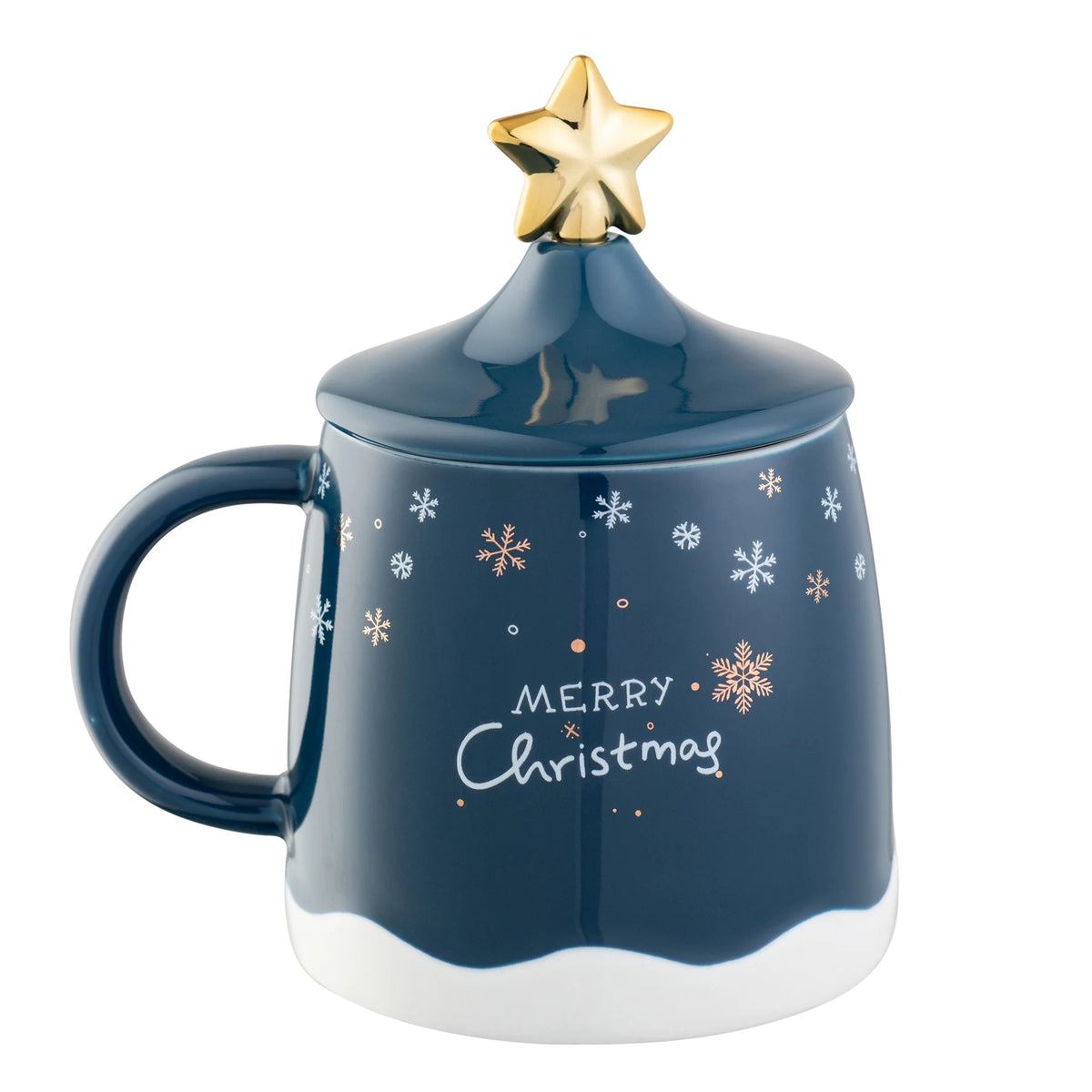 Blue lidded mug with snowflake design, "Merry Christmas" text, and gold star-shaped lid handle.