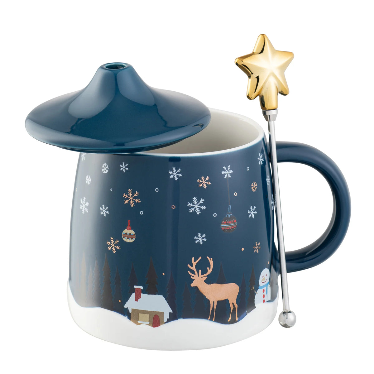 Blue Belleek Winter Scene lidded mug with snowflake and reindeer design, gold star-topped spoon in handle.