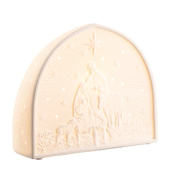Belleek Nativity Crib Luminaire porcelain lamp, 21x13x18cm, soft glow, mains powered with E14 bulb – Keans Claremorris
