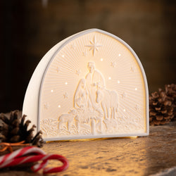 Belleek Nativity Crib Luminaire glowing porcelain Christmas decoration, available at Keans Claremorris.