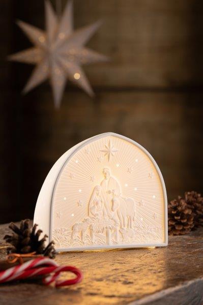 Belleek Nativity Crib Luminaire with soft glow, elegant design – available at Keans Claremorris.