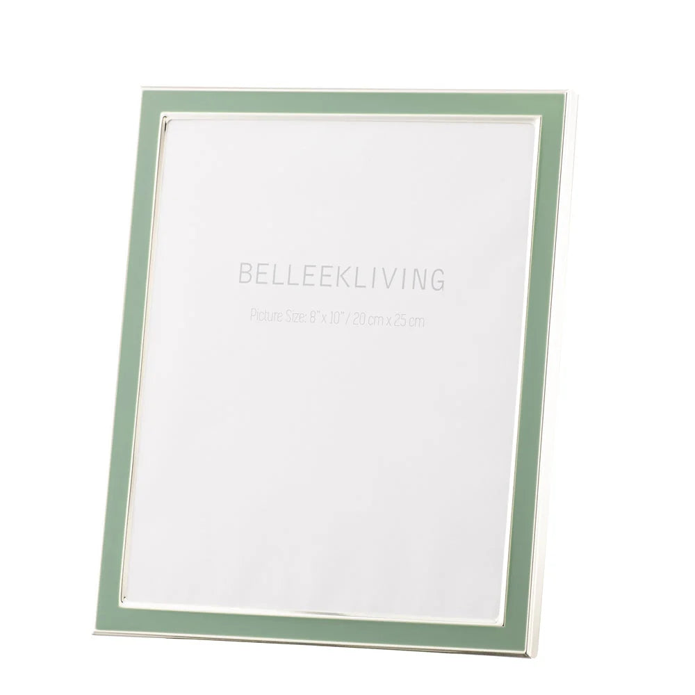 Belleek Teal Frame 8x10in with a silver-plated edge and teal border, standing upright on white background.
