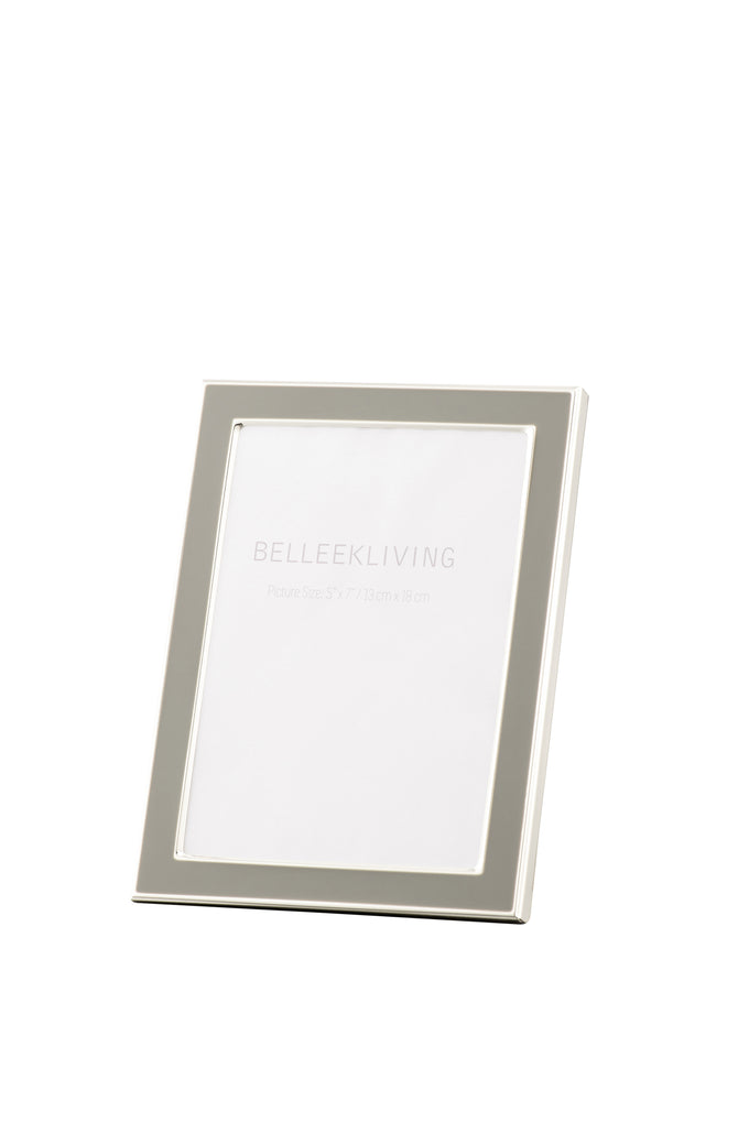 Belleek Living Grey 5x7 photo frame, electroplated silver steel with black flock backing, elegant gift from Kean’s