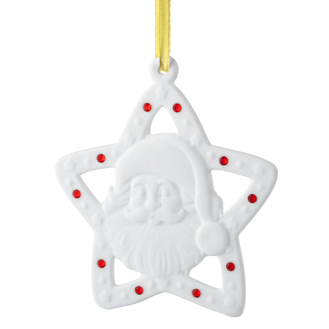 White porcelain star ornament with embossed Santa face, red gemstones, and yellow hanging ribbon.