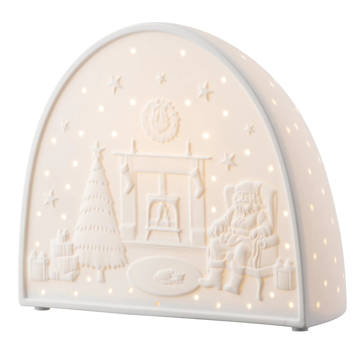 White ceramic luminaire with embossed Santa by a fireplace, Christmas tree, and presents, lit from within