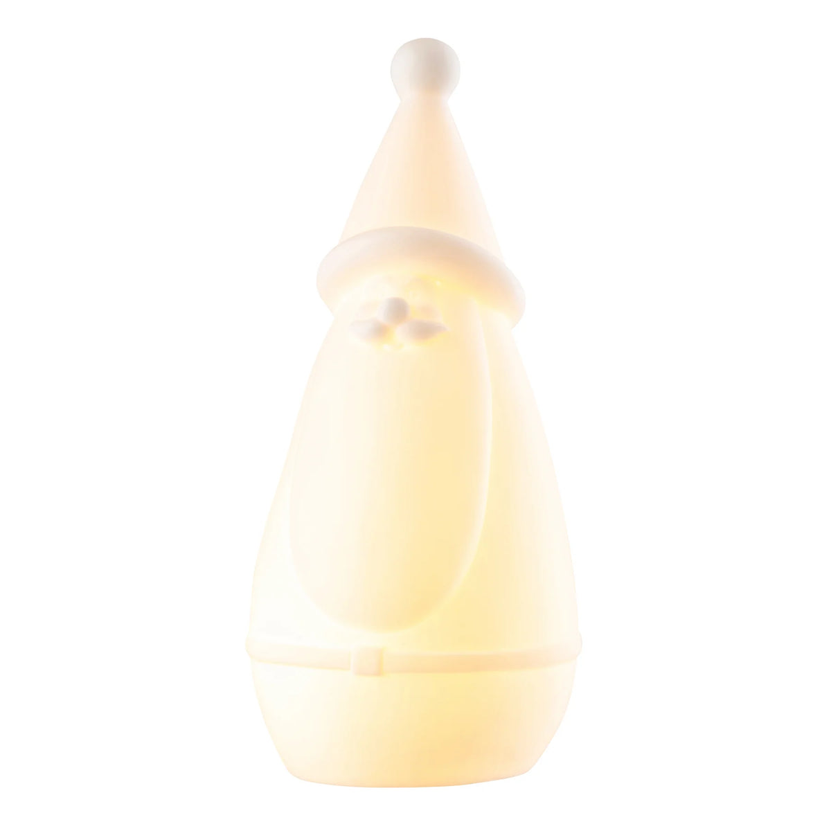 Belleek Santa LED light glowing softly, showing the upper body and hat details