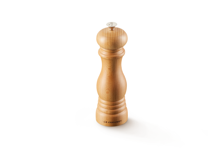 Le Creuset 21cm Beechwood Pepper Mill, durable grinder for fresh pepper, available at Keans Claremorris.