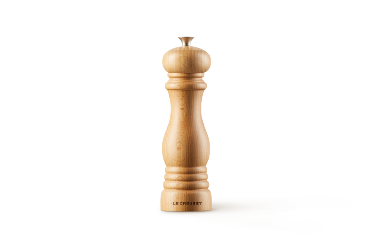Le Creuset 21cm Beechwood Pepper Mill, durable grinder for fresh pepper, available at Keans Claremorris.