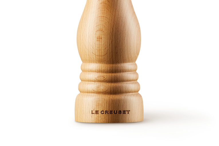 Le Creuset 21cm Beechwood Pepper Mill, durable manual grinder, available at Keans Claremorris.